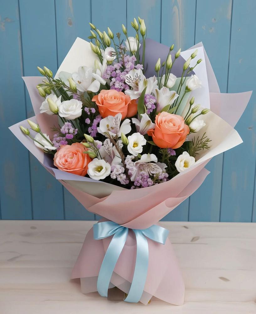 Букет цветов из: Лизиантусы, Розы, Альстромерии и Гипсофила в Быково Подольского района