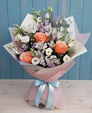 Букет цветов из:  Лизиантусы, Розы, Альстромерии и Гипсофила в Быково Подольского района