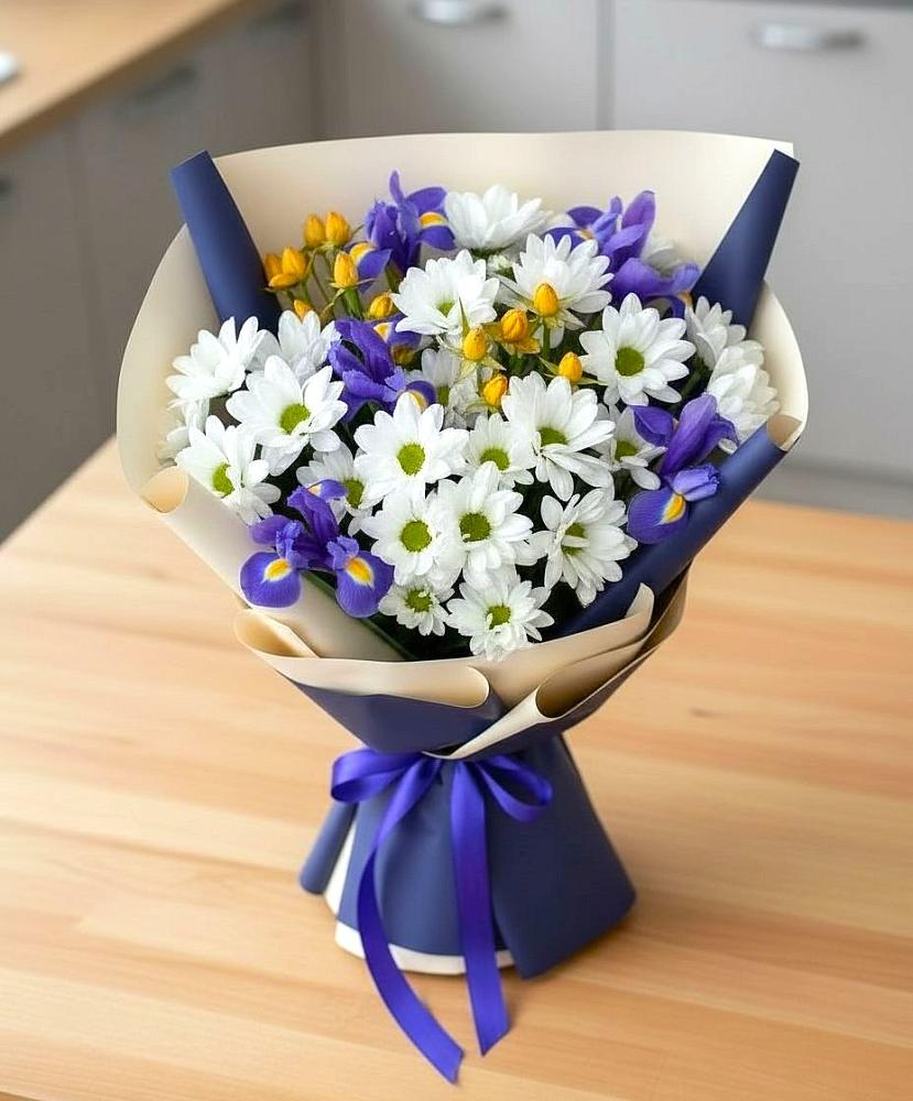 Букет цветов из: Розы, Ирисы и Хризантемы в Быково Подольского района